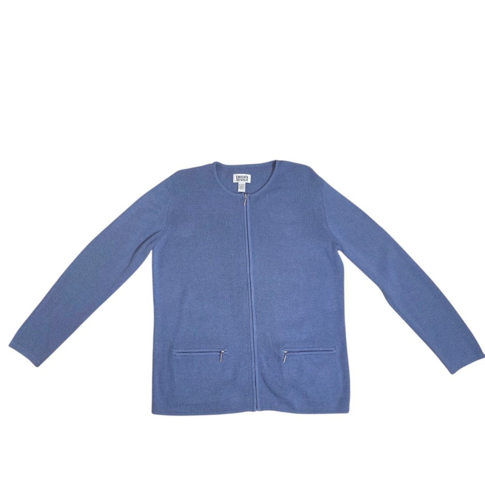 Chico's Design Womens M Blue Zip Cardigan Sweater Jacket Coastal Preppy